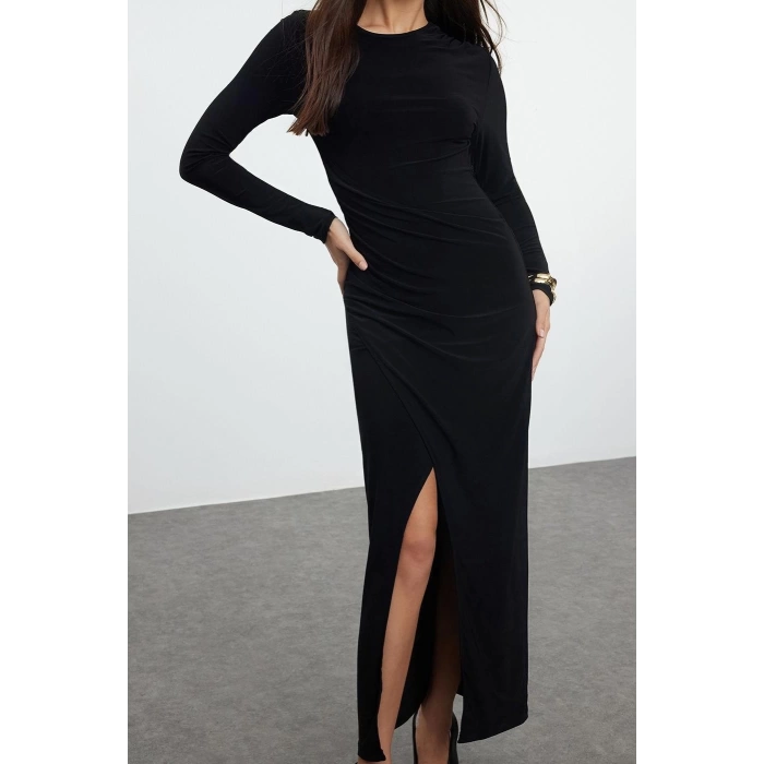 Moda Stil Slim Bisiklet Yaka Maxi Boy Düz Vücuda Oturan Drapeli Anvelop Esnek Örme Elbise
