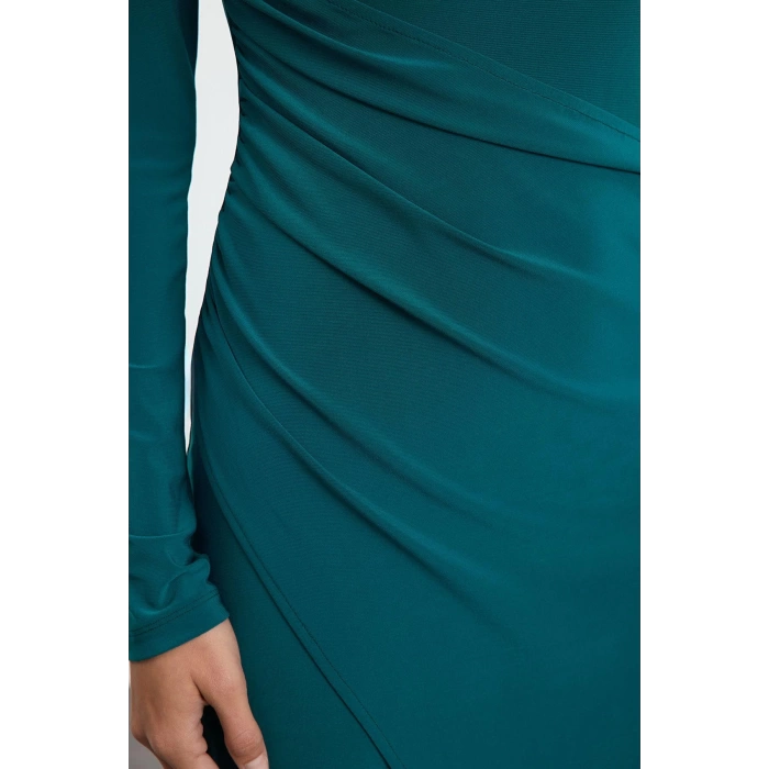 Moda Stil Slim Bisiklet Yaka Maxi Boy Düz Vücuda Oturan Drapeli Anvelop Esnek Örme Elbise