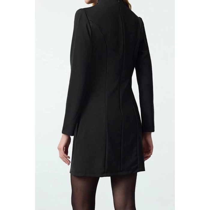 Moda Stil Regular Dik Yaka Mini Boy A Kesim Cep Detaylı Dokuma Elbise