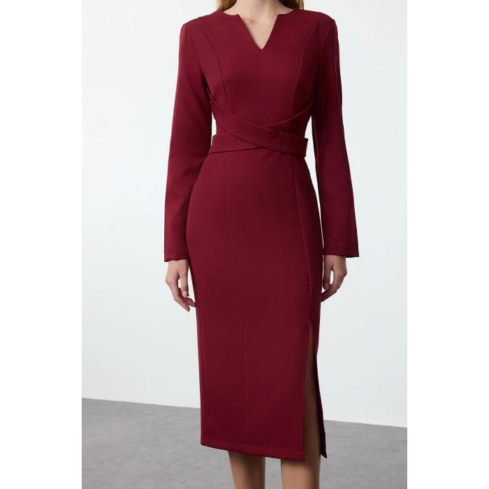 Fashion Style Regular V Neck Midi Length Body-hugging Woven Dress