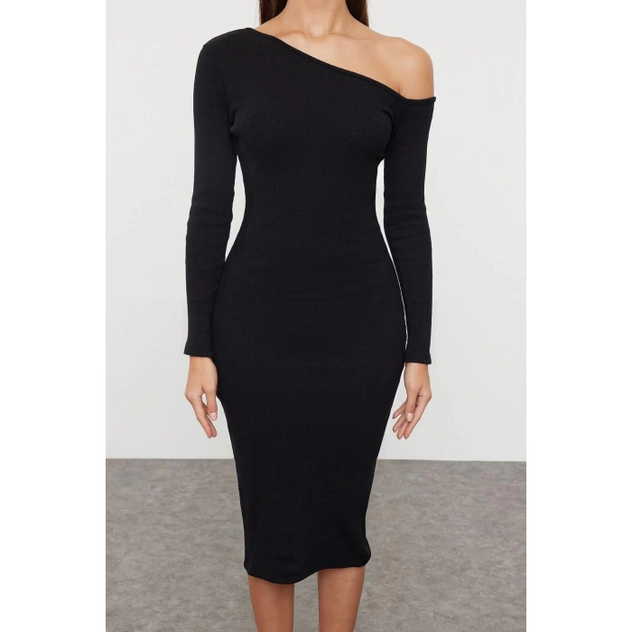Moda Stil Slim Asimetrik Yaka Midi Boy Fitted Vücuda Oturan Fitilli Esnek Örme Elbise