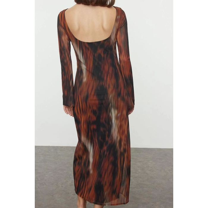 Moda Stil Slim Kayık Yaka Maxi Boy Soyut Sırt Dekolteli Tül Esnek Örme Elbise
