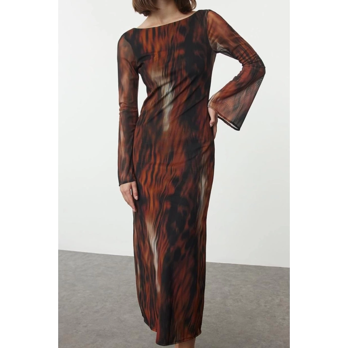 Moda Stil Slim Kayık Yaka Maxi Boy Soyut Sırt Dekolteli Tül Esnek Örme Elbise