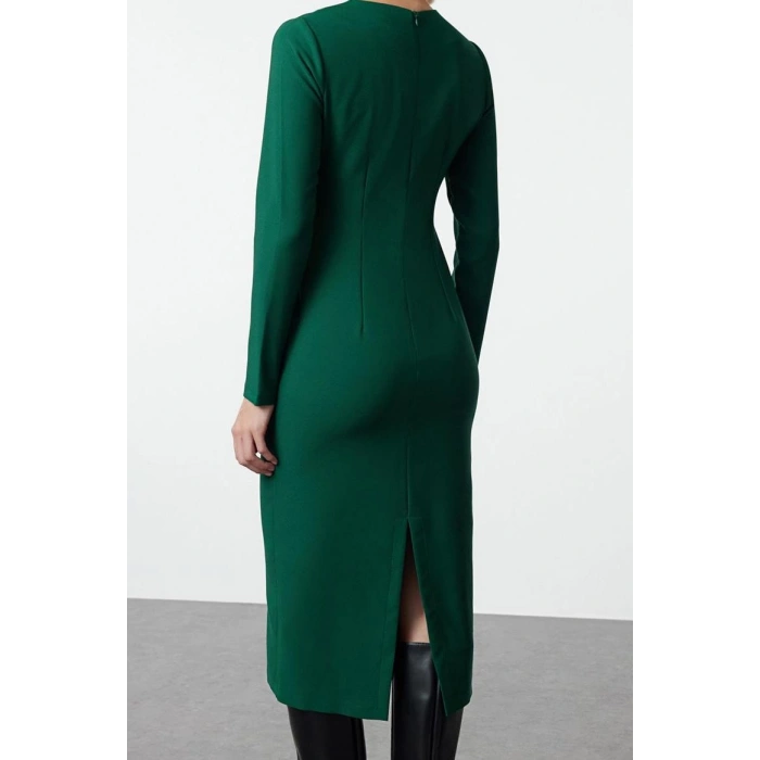 Moda Stil Regular Bisiklet Yaka Midi Boy Vücudu Saran Dokuma Elbise
