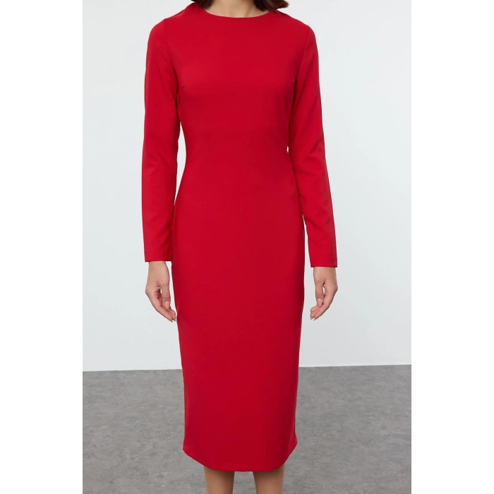 Moda Stil Regular Bisiklet Yaka Midi Boy Vücudu Saran Dokuma Elbise