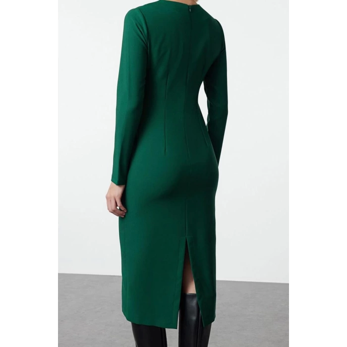 Moda Stil Regular Bisiklet Yaka Midi Boy Vücudu Saran Dokuma Elbise