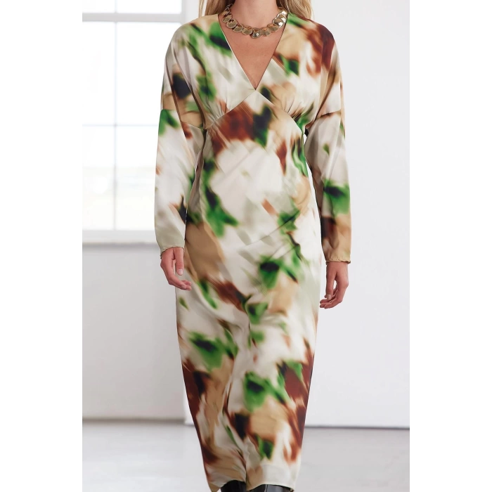 Moda Stil Regular V Yaka Maxi Boy Limited Edition A Kesim Çiçekli Dokuma Elbise