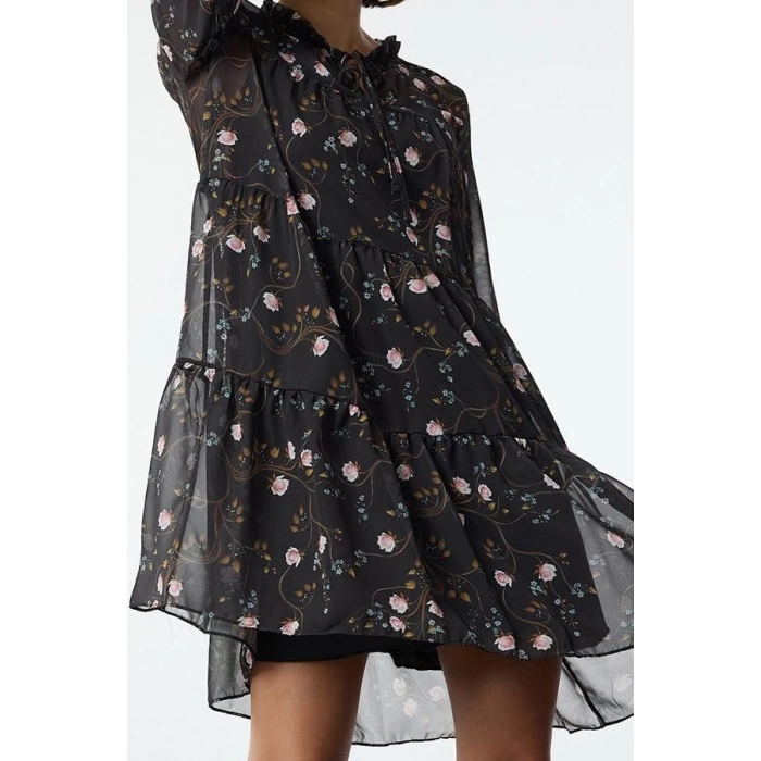 Moda Stil Regular Dik Yaka Mini Boy Çiçek Desenli Bol Kalıp Astarlı Şifon Dokuma Kışlık Elbise