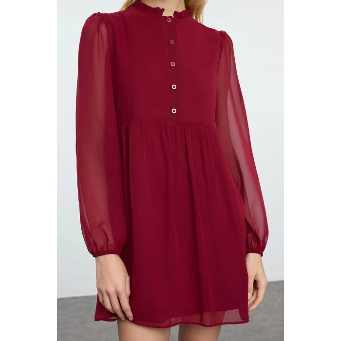 Moda Stil Regular Dik Yaka Mini Boy Belden Açılan Dokuma Kışlık Elbise