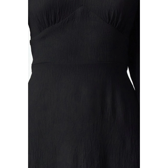 Moda Stil Regular V Yaka Midi Boy Belden Açılan Korsaj Detaylı Dokuma Elbise
