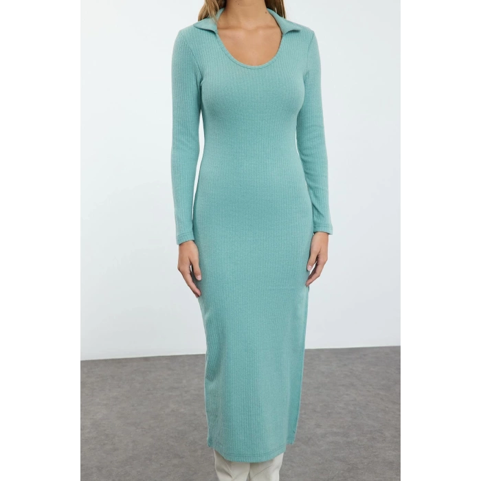Moda Stil Slim Polo Yaka Midi Boy Düz Bodycone Vücuda Oturan Yırtmaç Detaylı Örme Elbise