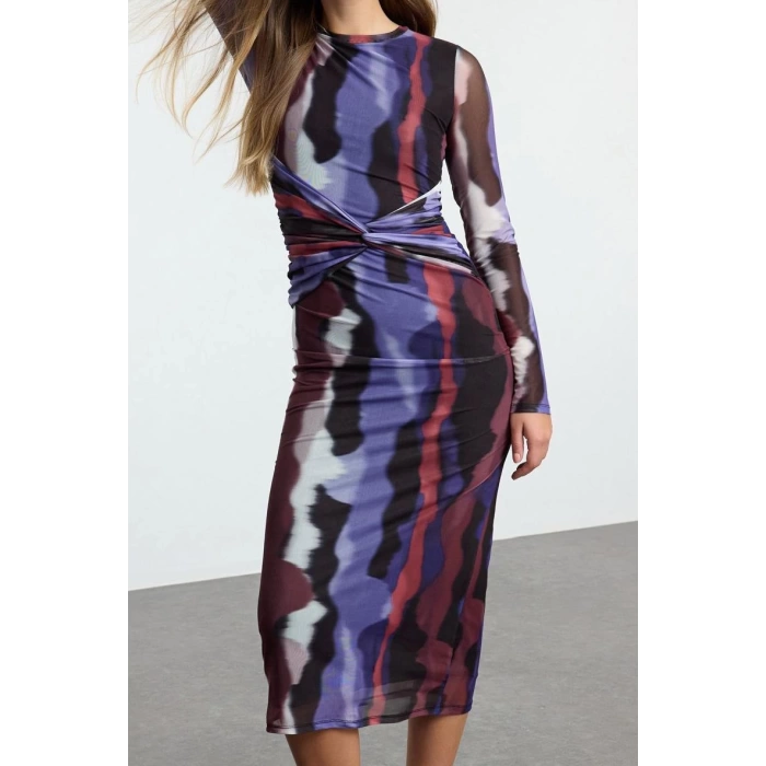Moda Stil Slim Bisiklet Yaka Maxi Boy Çok Renkli Soyut Bağlama Detaylı Örme Elbise