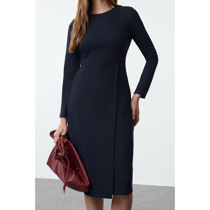 Moda Stil Slim Bisiklet Yaka Midi Boy Düz Selanik Anvelop Esnek Örme Elbise