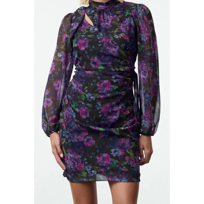 Fashion Style Regular Stand Collar Mini Length Floral Fitted Body-Styling Lined Chiffon Woven Winter Dress