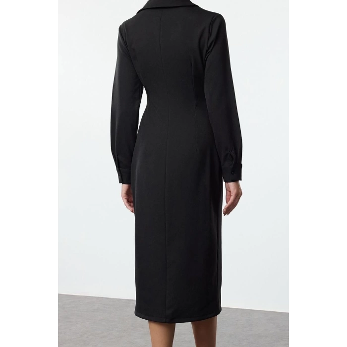 Fashion Style Regular Shirt Collar Midi Length Fitted Body-Smoothing Woven Dress