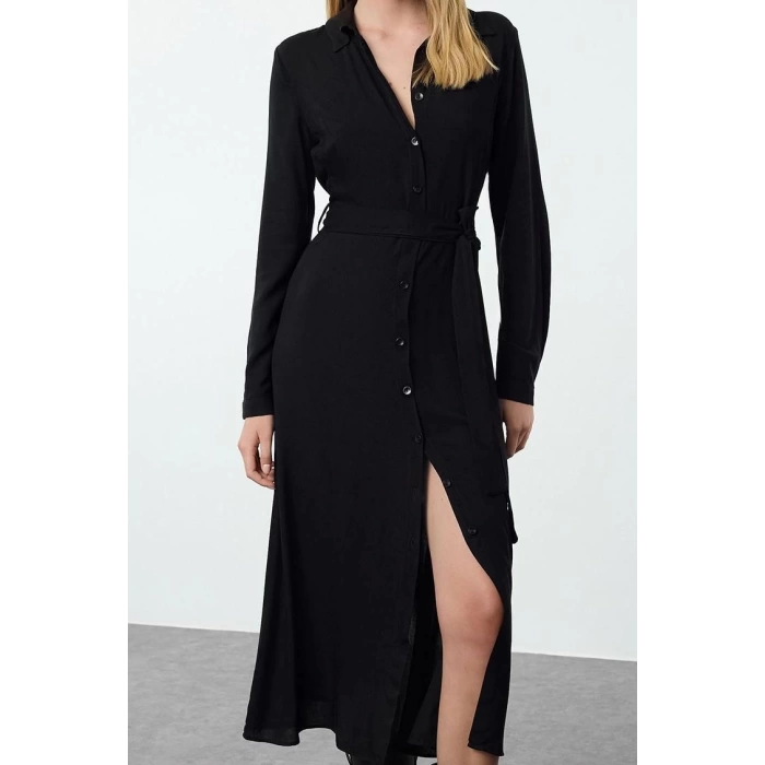 Moda Stil Relaxed Gömlek Yaka Midi Boy Desenli Kuşaklı Viskon Dokuma Gömlek Elbise