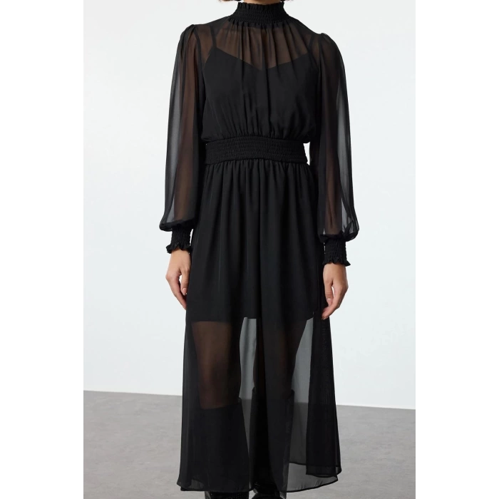 Fashion Style Regular Stand Collar Midi Length Plain Waist Opening Gathered Chiffon Lined Woven Dress
