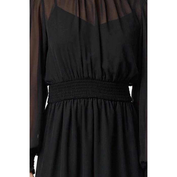Fashion Style Regular Stand Collar Midi Length Plain Waist Opening Gathered Chiffon Lined Woven Dress