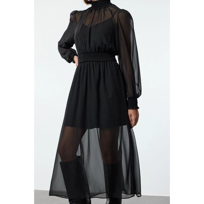 Fashion Style Regular Stand Collar Midi Length Plain Waist Opening Gathered Chiffon Lined Woven Dress
