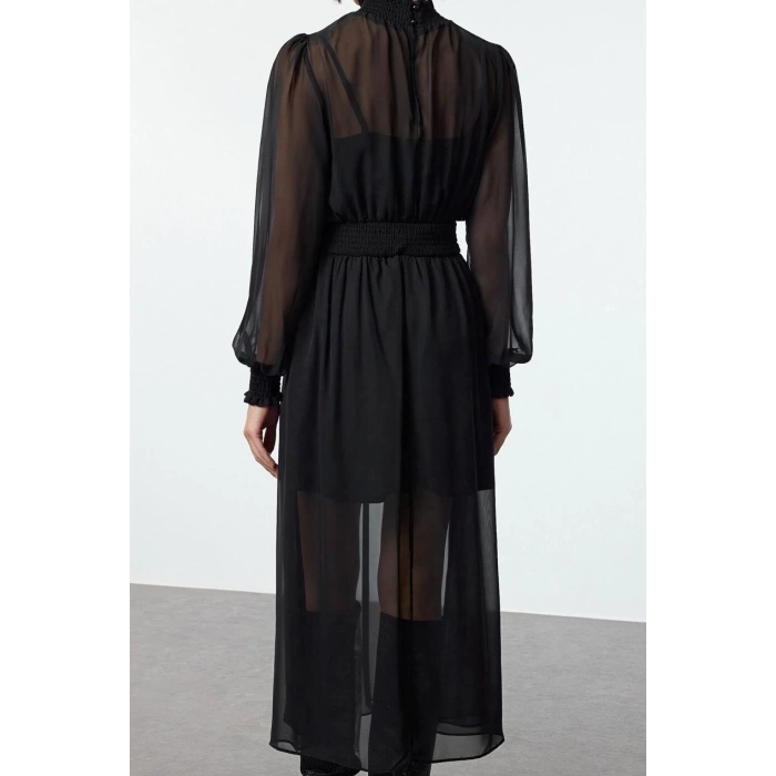 Fashion Style Regular Stand Collar Midi Length Plain Waist Opening Gathered Chiffon Lined Woven Dress