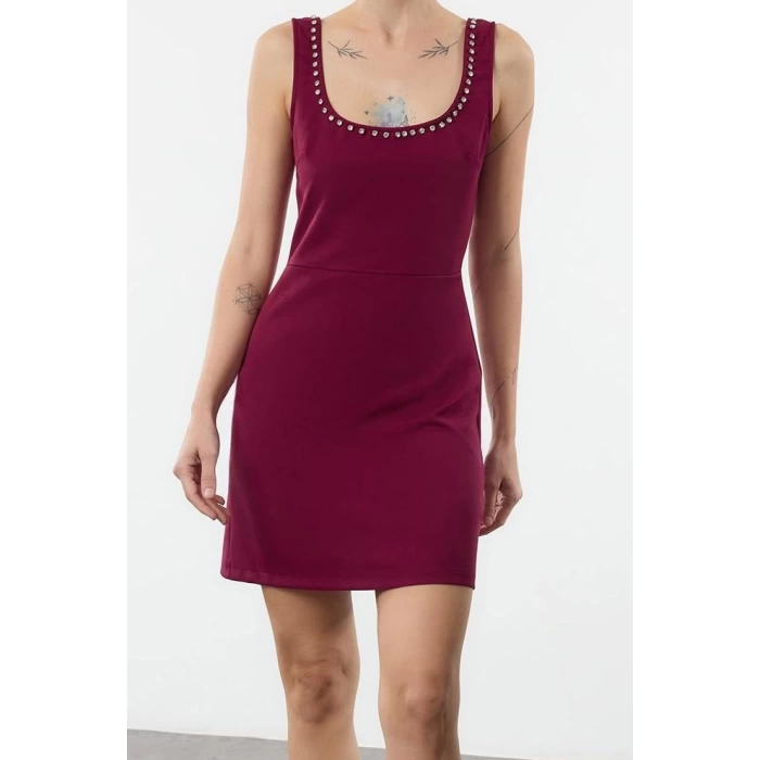 Fashion Style Slim Square Neck Mini Length Collar Stone Embroidery Detailed Vest Woven Dress