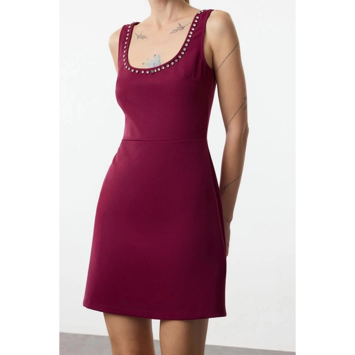 Fashion Style Slim Square Neck Mini Length Collar Stone Embroidery Detailed Vest Woven Dress