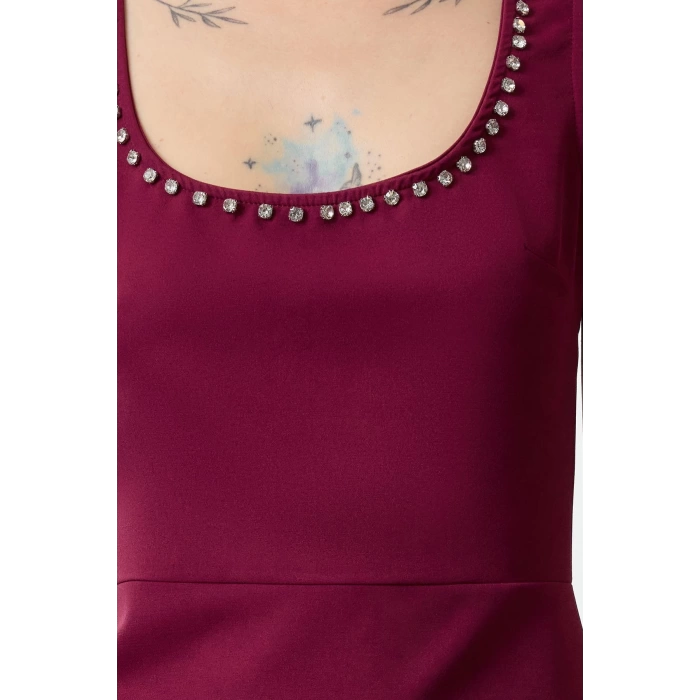 Fashion Style Slim Square Neck Mini Length Collar Stone Embroidery Detailed Vest Woven Dress