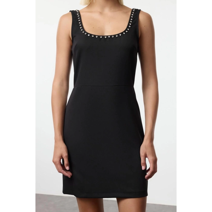 Fashion Style Slim Square Neck Mini Length Collar Stone Embroidery Detailed Vest Woven Dress