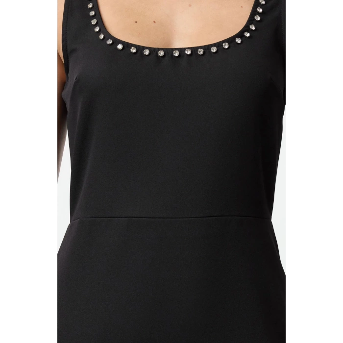 Fashion Style Slim Square Neck Mini Length Collar Stone Embroidery Detailed Vest Woven Dress