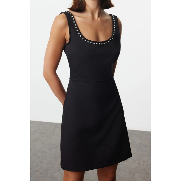 Fashion Style Slim Square Neck Mini Length Collar Stone Embroidery Detailed Vest Woven Dress