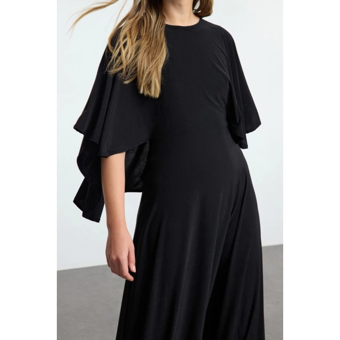 Moda Stil Relaxed Bisiklet Yaka Maxi Boy Kalıp Skater Esnek Örme Elbise