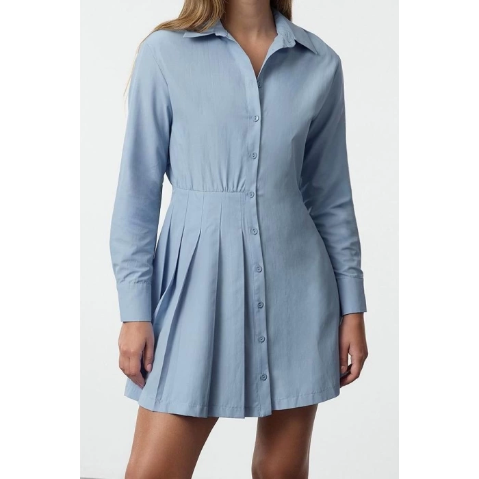 Moda Stil Regular Gömlek Yaka Mini Boy Pili Detaylı Düz Dokuma Gömlek Elbise