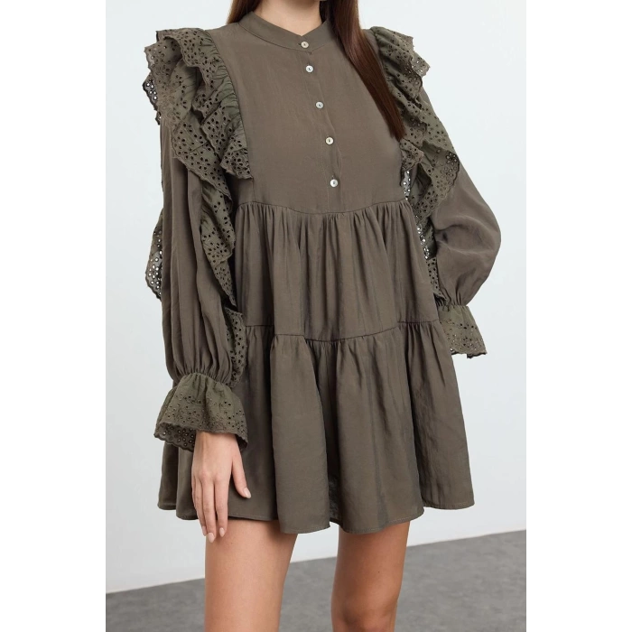 Fashion Style Regular Shirt Collar Mini Length Plain Lace Detailed Woven Dress