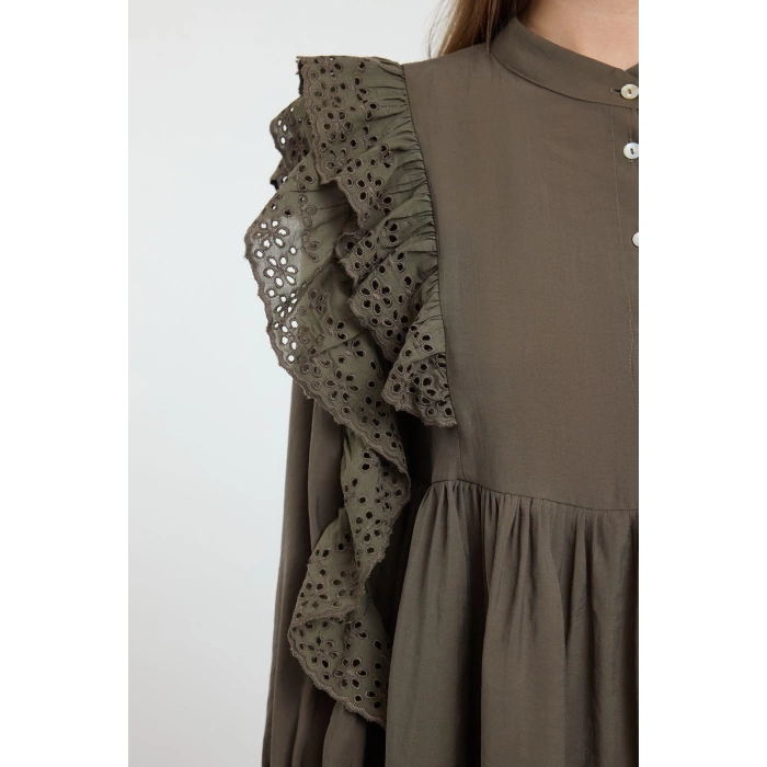 Fashion Style Regular Shirt Collar Mini Length Plain Lace Detailed Woven Dress