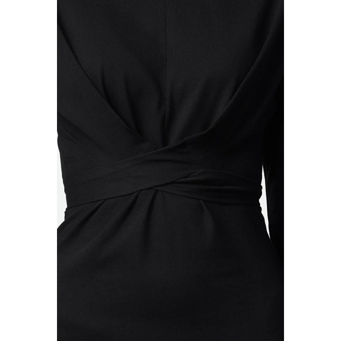 Moda Stil Slim Bisiklet Yaka Midi Boy %100 Pamuk Bağlama Detaylı Vücuda Oturan Örme Elbise
