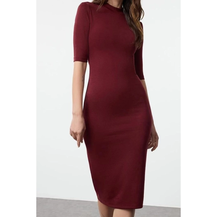Moda Stil Slim Dik Yaka Midi Boy Bodycone Vücuda Oturan Truvakar Kol Örme Elbise