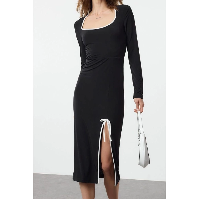 Fashion Style Slim Square Neck Maxi Length Color Block Bow Detailed Fitted Knit Dress
