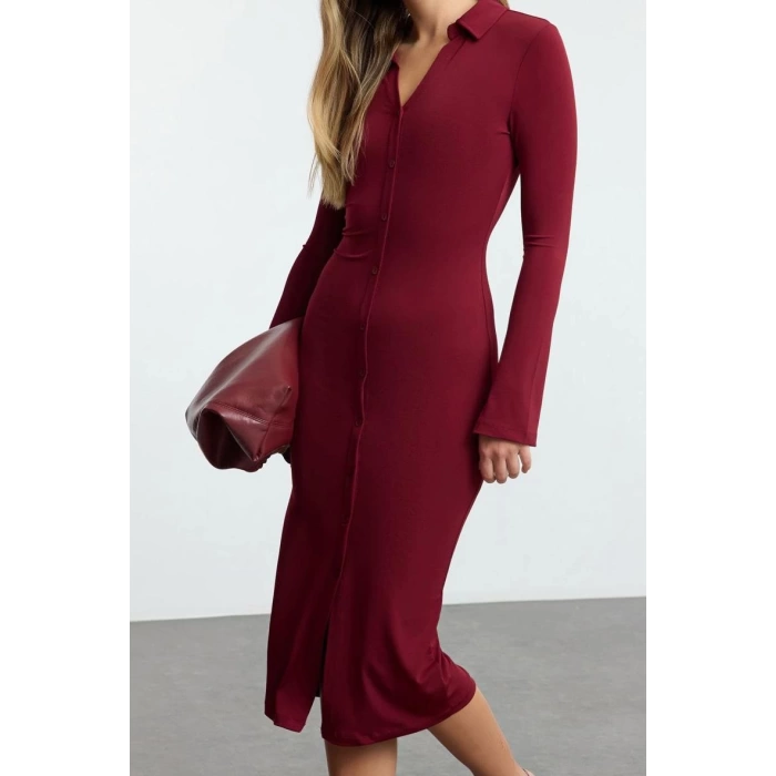 Fashion Style Slim Button Collar Maxi Length Placket Fitted Body-Smoothing Flexible Knit Dress
