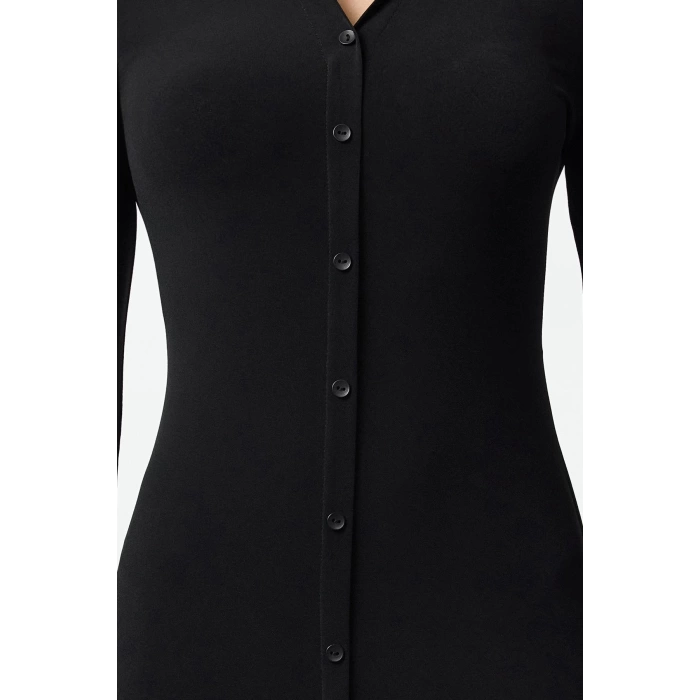 Fashion Style Slim Button Collar Maxi Length Placket Fitted Body-Smoothing Flexible Knit Dress