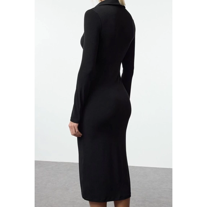 Fashion Style Slim Button Collar Maxi Length Placket Fitted Body-Smoothing Flexible Knit Dress