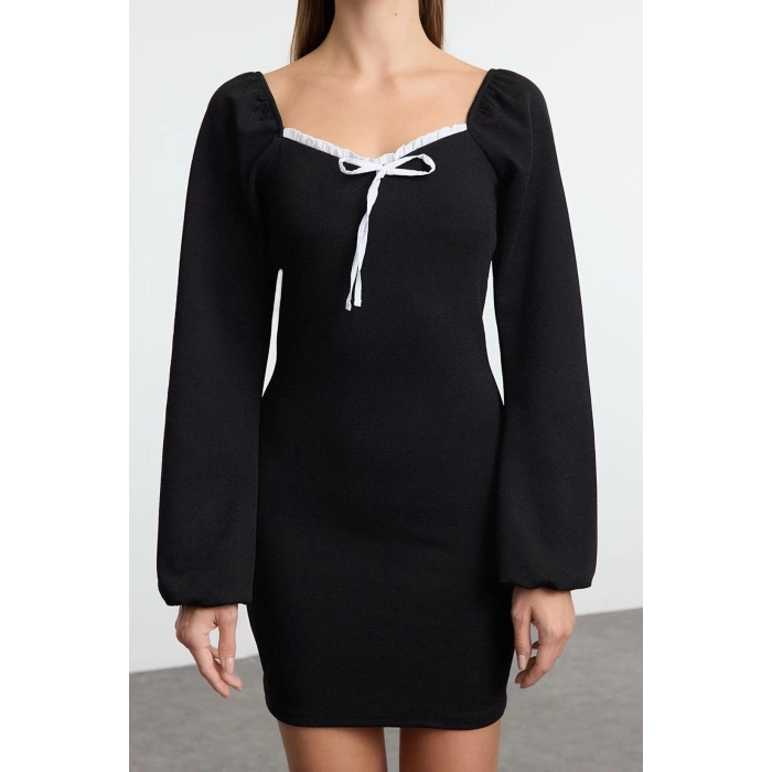 Moda Stil Slim Kalp Yaka Mini Boy Bağlama Detaylı Bodycone Vücuda Oturan Örme Elbise