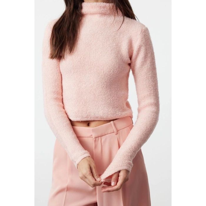 Style Modern Women Crop Standard Sleeve Stand Collar Boucle Knitwear Sweater