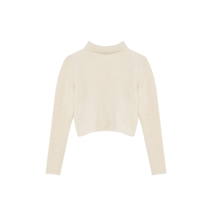 Style Modern Women Crop Standard Sleeve Stand Collar Boucle Knitwear Sweater