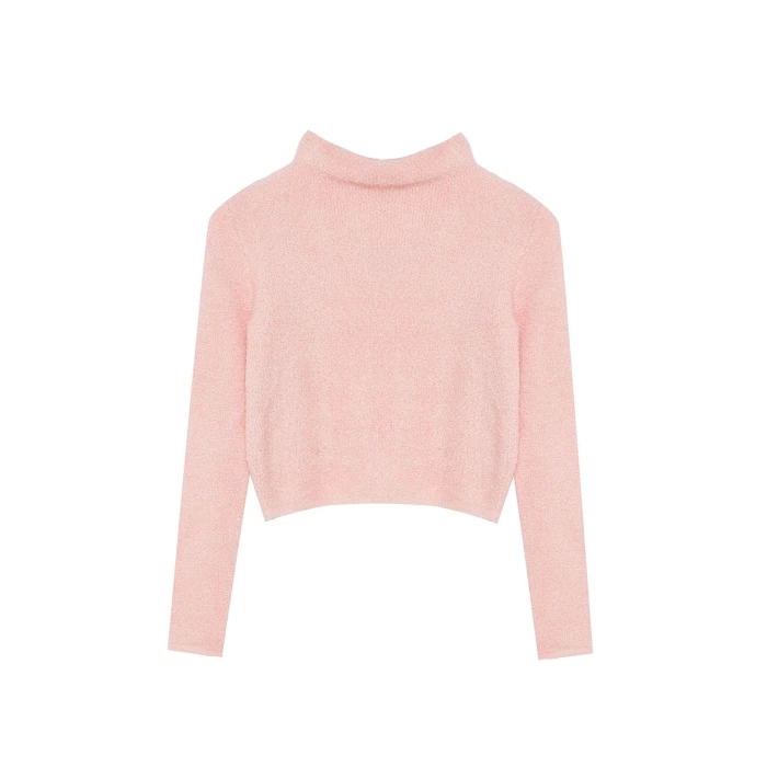 Style Modern Women Crop Standard Sleeve Stand Collar Boucle Knitwear Sweater