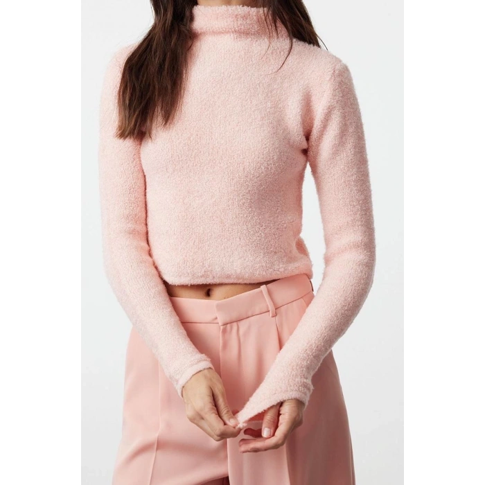 Style Modern Women Crop Standard Sleeve Stand Collar Boucle Knitwear Sweater