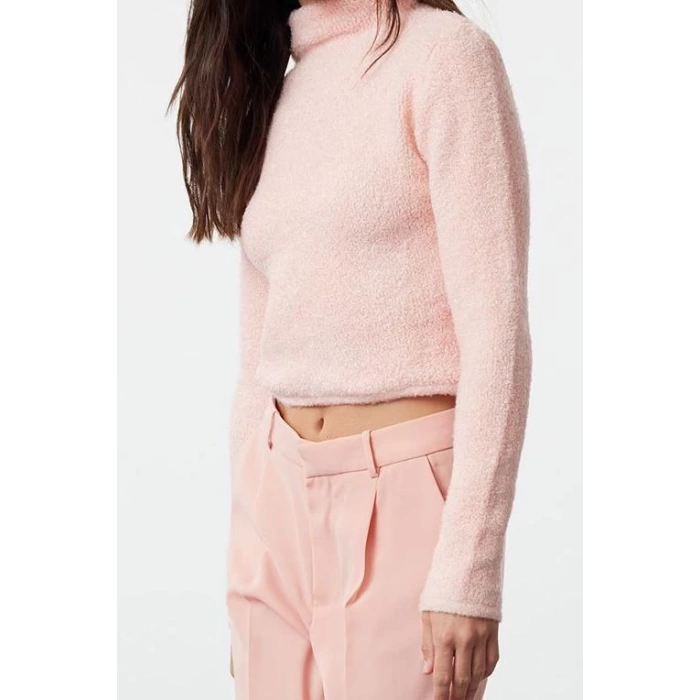 Style Modern Women Crop Standard Sleeve Stand Collar Boucle Knitwear Sweater
