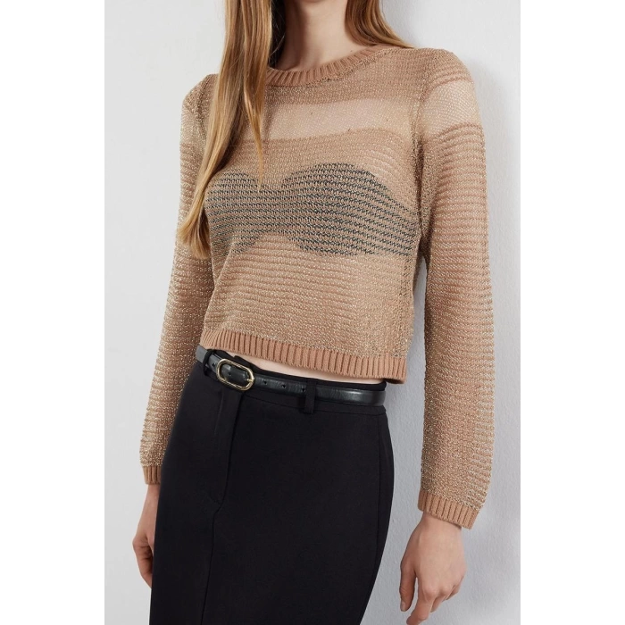 Stil Modern Kadın Regular Standart Kol Bisiklet Yaka Crop Transparan Geçişli Simli Triko Kazak