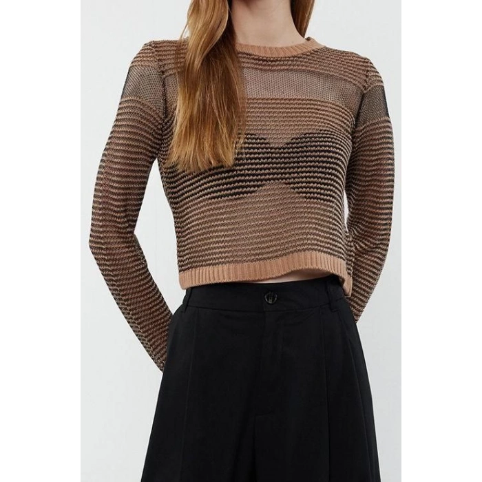 Stil Modern Kadın Regular Standart Kol Bisiklet Yaka Crop Transparan Geçişli Simli Triko Kazak
