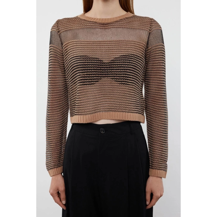 Stil Modern Kadın Regular Standart Kol Bisiklet Yaka Crop Transparan Geçişli Simli Triko Kazak
