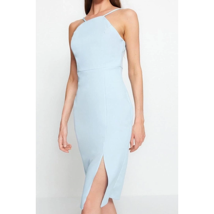Moda Stil Regular Halter Yaka Midi Boy Vücudu Saran Yırtmaçlı Kalem Etek Dokuma Elbise